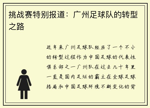 挑战赛特别报道：广州足球队的转型之路