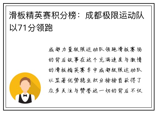 滑板精英赛积分榜：成都极限运动队以71分领跑