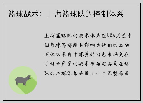篮球战术：上海篮球队的控制体系
