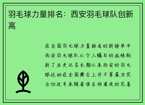 羽毛球力量排名：西安羽毛球队创新高