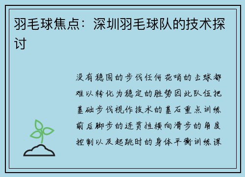 羽毛球焦点：深圳羽毛球队的技术探讨